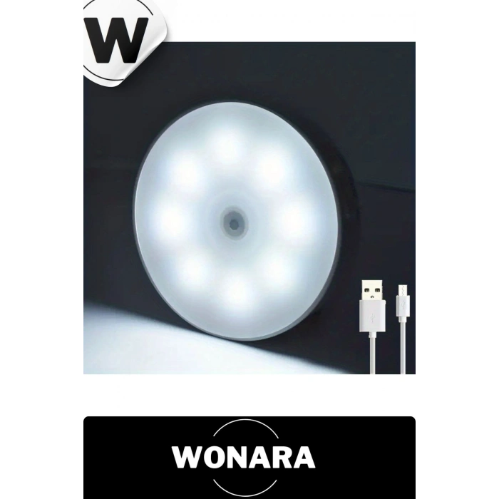 Özel Tasarım Mıknatıslı 3 Modlu Hareket Sensörlü 8 LEDli USB Şarjlı Beyaz Aydınlatmalı Gece Lambası