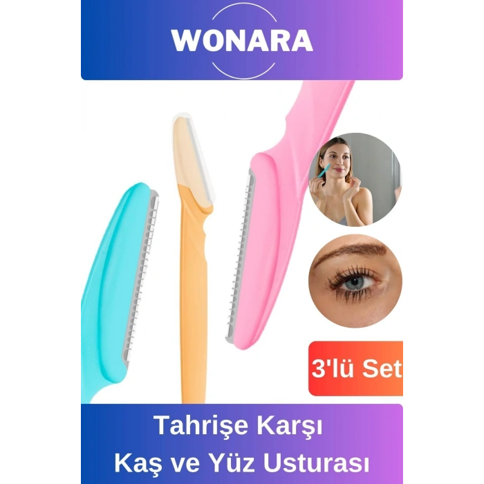Premium Pratik Tahrişe Karşı Bakım İçin Tüy Yüz Bıyık Alma Aleti 3lü Set Kaş ve Yüz Usturası