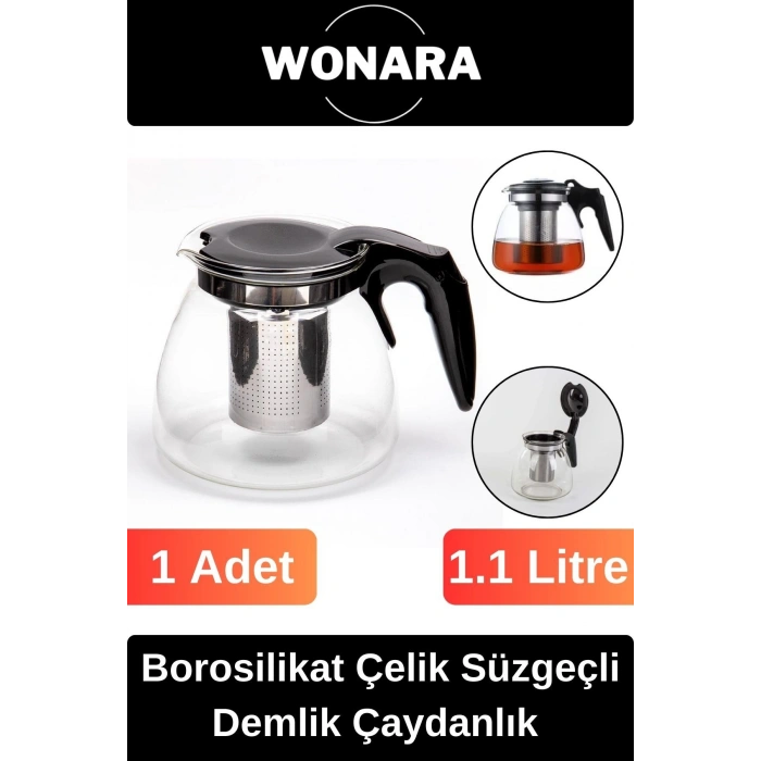 Özel Üretim Modern Isıya Dayanıklı Borosilikat Çaydanlık Bitki Çayı Çelik Süzgeçli Demlik 1.1 Lt