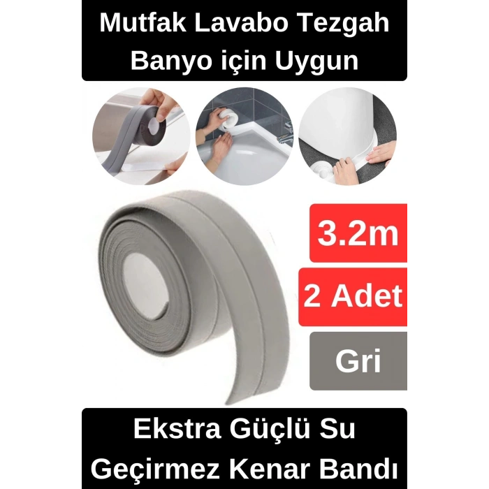 Premium Su Geçirmez Sızdırmaz Yalıtım Küf Banyo Mutfak Lavabo Gri Kenar Şerit Bant 3.2 mt 2 adet