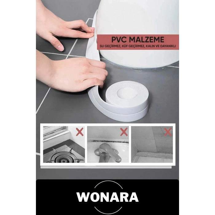 Premium Su Geçirmez Sızdırmaz Yalıtım Küf Banyo Mutfak Lavabo Gri Kenar Şerit Bant 3.2 mt 2 adet