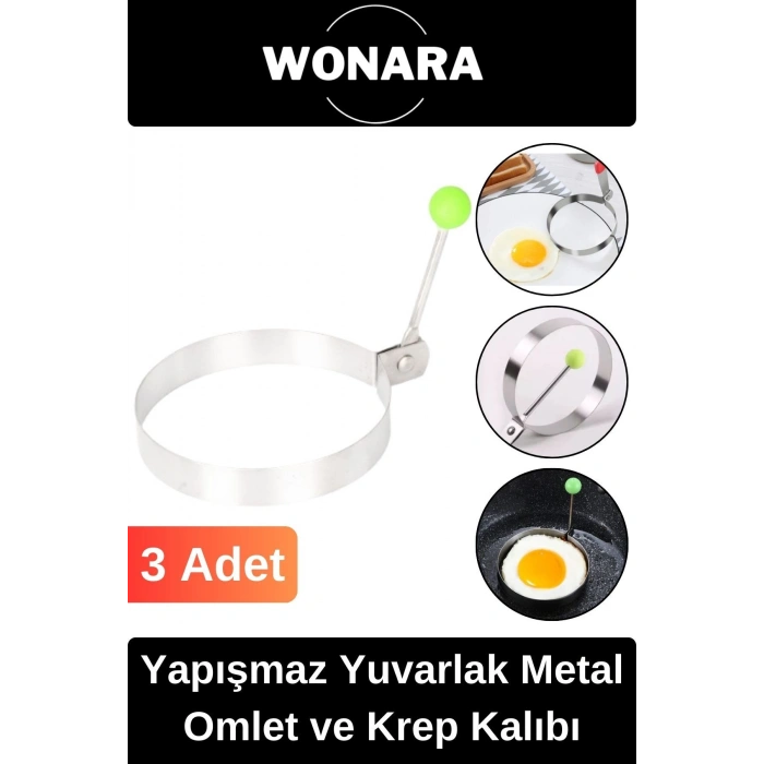 Premium Seri Yapışmaz Kaplamalı Dayanıklı Şık Tasarımlı Yuvarlak Metal Omlet ve Krep Kalıbı 3 Adet