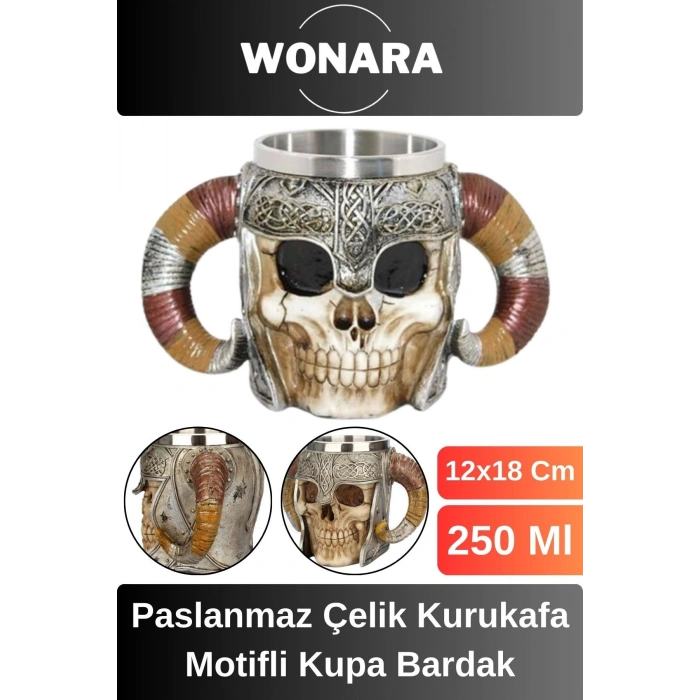 Özel Tasarım Sevgili Arkadaş Şık ve Dekoratif Hediyelik Paslanmaz Çelik Kurukafa Motifli Kupa Bardak