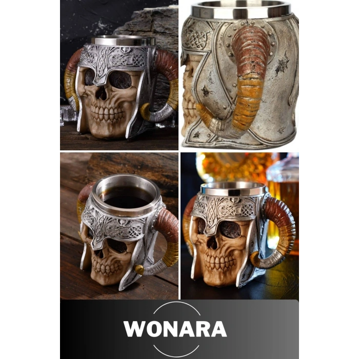 Özel Tasarım Sevgili Arkadaş Şık ve Dekoratif Hediyelik Paslanmaz Çelik Kurukafa Motifli Kupa Bardak