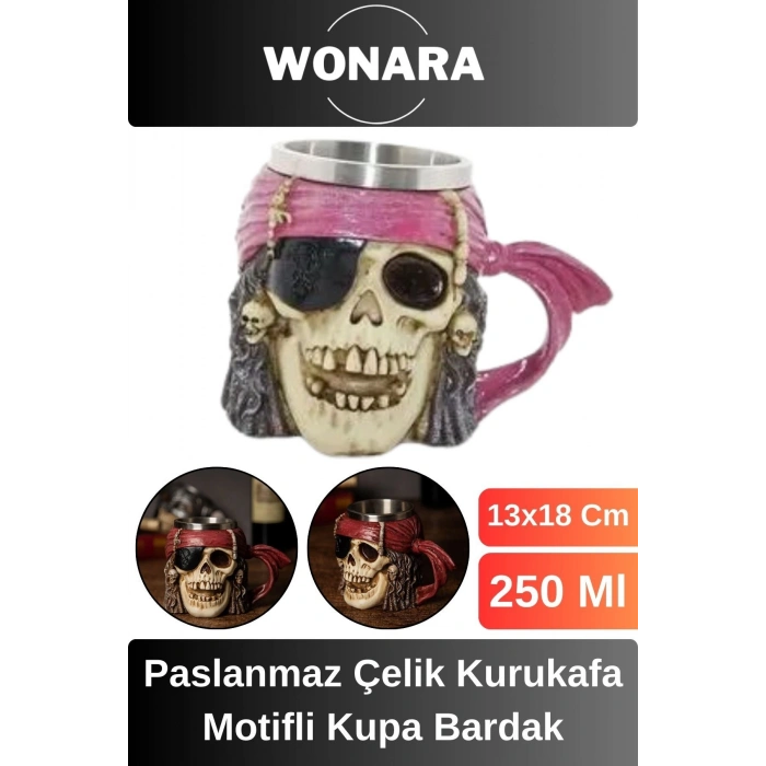 Özel Tasarım Sevgili Arkadaş Şık ve Dekoratif Hediyelik Paslanmaz Çelik Kurukafa Motifli Kupa Bardak