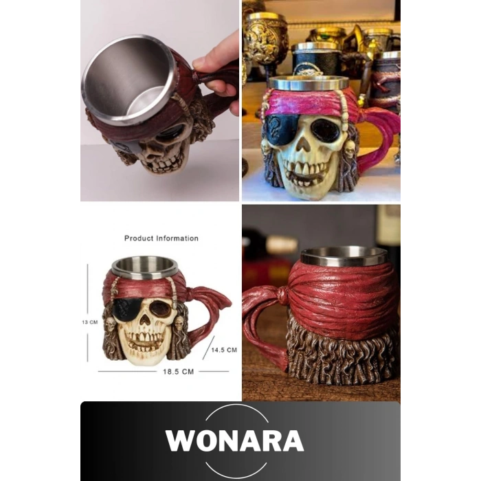 Özel Tasarım Sevgili Arkadaş Şık ve Dekoratif Hediyelik Paslanmaz Çelik Kurukafa Motifli Kupa Bardak