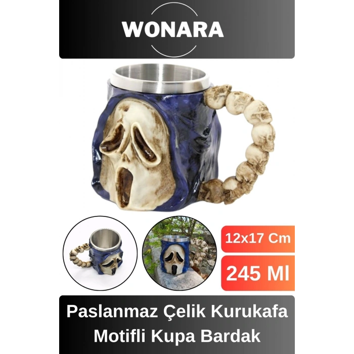 Özel Tasarım Sevgili Arkadaş Şık ve Dekoratif Hediyelik Paslanmaz Çelik Kurukafa Motifli Kupa Bardak