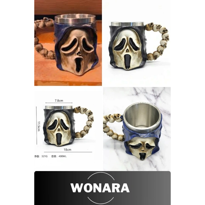 Özel Tasarım Sevgili Arkadaş Şık ve Dekoratif Hediyelik Paslanmaz Çelik Kurukafa Motifli Kupa Bardak