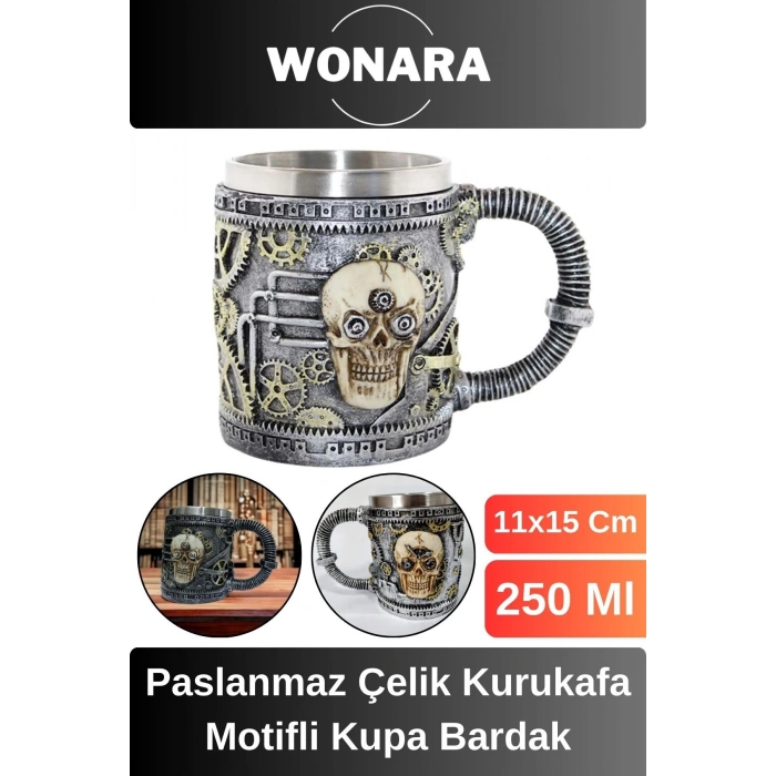 Özel Tasarım Sevgili Arkadaş Şık ve Dekoratif Hediyelik Paslanmaz Çelik Kurukafa Motifli Kupa Bardak