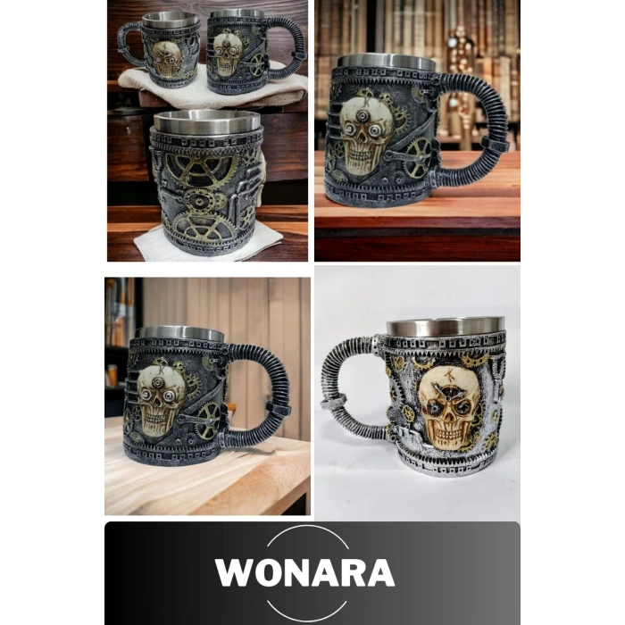 Özel Tasarım Sevgili Arkadaş Şık ve Dekoratif Hediyelik Paslanmaz Çelik Kurukafa Motifli Kupa Bardak