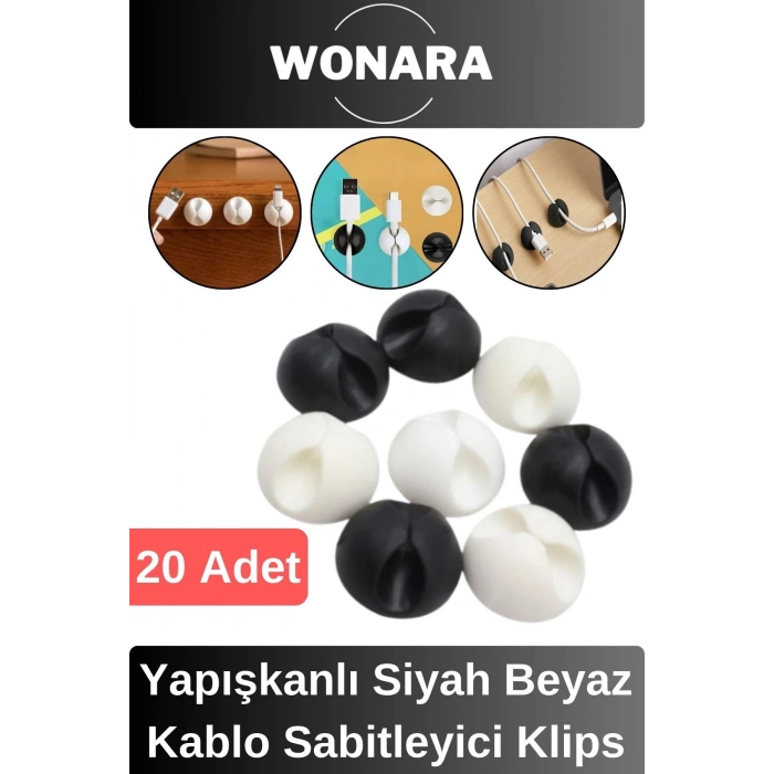 Premium Ev Ofis Masa Düzenleme İz Bırakmayan Yapışkanlı Siyah Beyaz Kablo Sabitleyici Klipsi 20lu