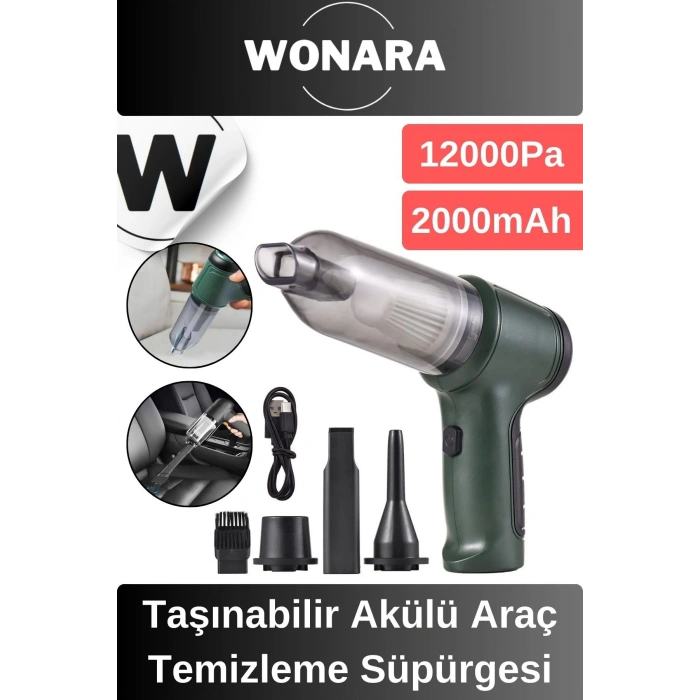 Premium 12000Pa Güçlü Emiş 2000mAh Otomatik Aydınlatmalı Taşınabilir Akülü Araç Temizleme Süpürgesi