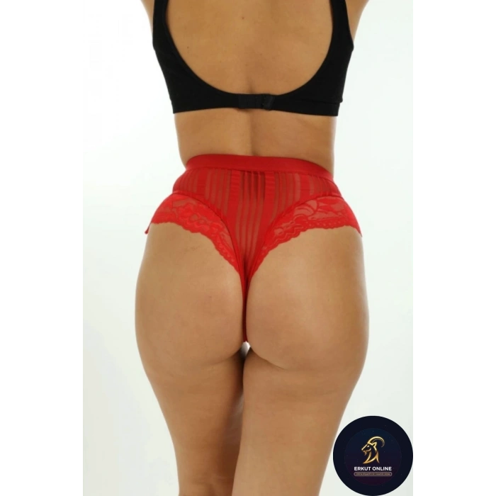 Özel Tasarım Fantezi Yüksek Bel Veronica Zarif Şık Rahat Kırmızı Kadın Çizgili Külot