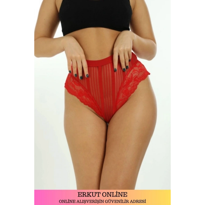 Özel Tasarım Fantezi Yüksek Bel Veronica Zarif Şık Rahat Kırmızı Kadın Çizgili Külot