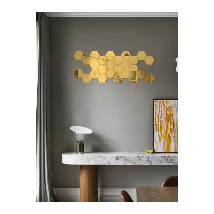 Modern Dekoratif Altıgen Yapışkanlı Gold Akrilik Ev Ofis Duvar Ayna Seti Altıgen Küçük Ayna 12 Adet