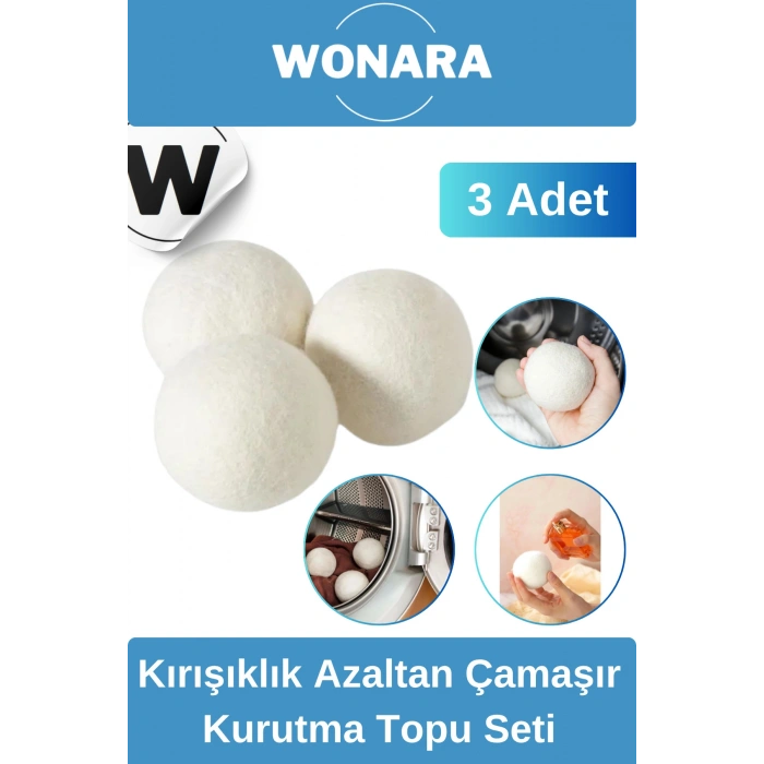 Doğal Yünlü Kırışıklık Azaltan Hızlı Kuruyan Sürtünme Önleyici 3’lü Çamaşır Kurutma Topu Seti