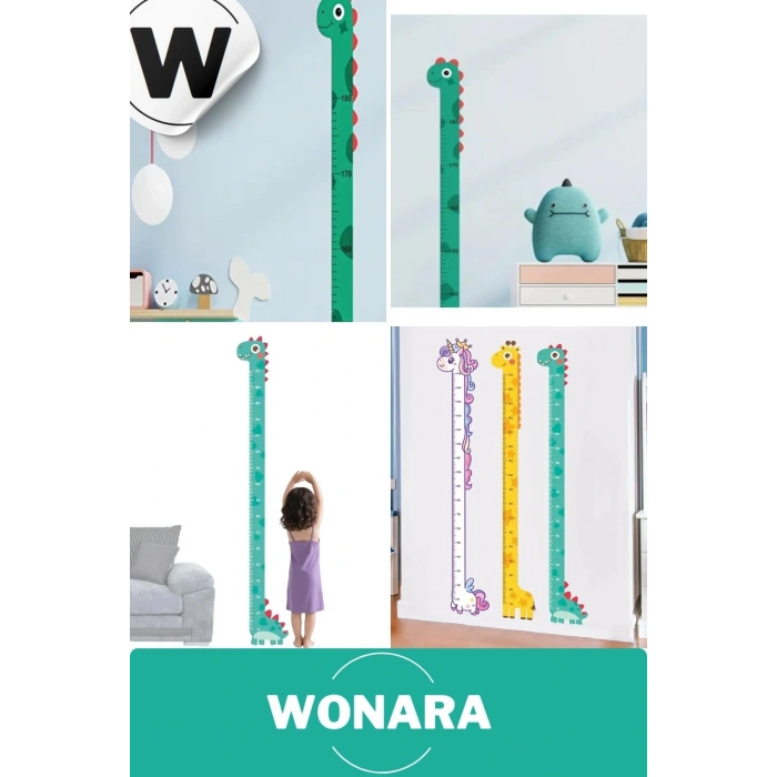 Özel Üretim Çocuk İçin Dinazor Figürlü Çift Taraflı Yapışkanlı Silinebilir Duvar Boy Ölçer Sticker