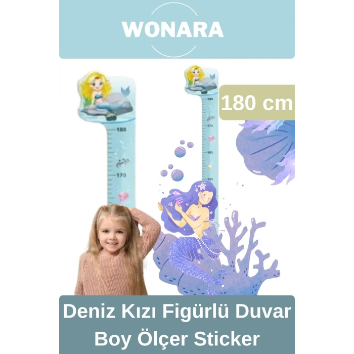 Özel Üretim Çocuk İçin Deniz Kız Figürlü Çift Taraflı Yapışkanlı Silinebilir Duvar Boy Ölçer Sticker