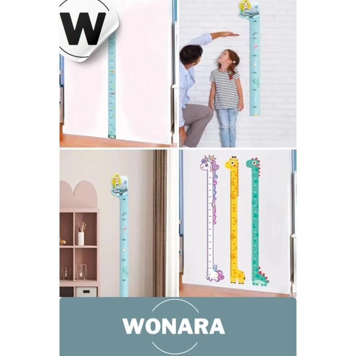 Özel Üretim Çocuk İçin Deniz Kız Figürlü Çift Taraflı Yapışkanlı Silinebilir Duvar Boy Ölçer Sticker