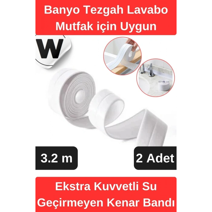 Premium Su Geçirmez Önleyici Yalıtım Küf Banyo Mutfak Lavabo Beyaz Kenar Şerit Bant 3.2m 2 adet