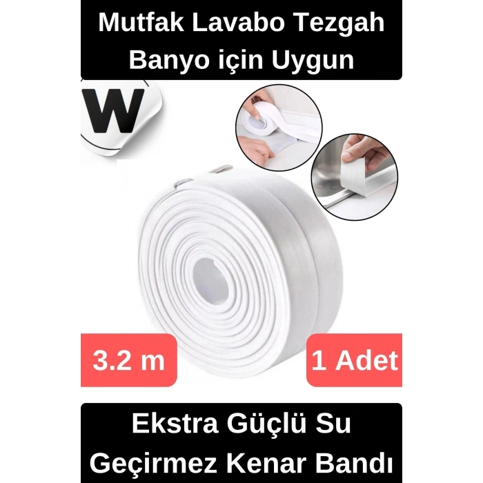 Premium Su Geçirmez Sızdırmaz Yalıtım Küf Banyo Mutfak Lavabo Beyaz Kenar Şerit Bant 3.2m 1 adet