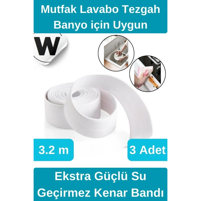 Premium Su Geçirmez Sızdırmaz Küf Yalıtım Banyo Mutfak Lavabo Beyaz Kenar Şerit Bant 3.2m 3 adet