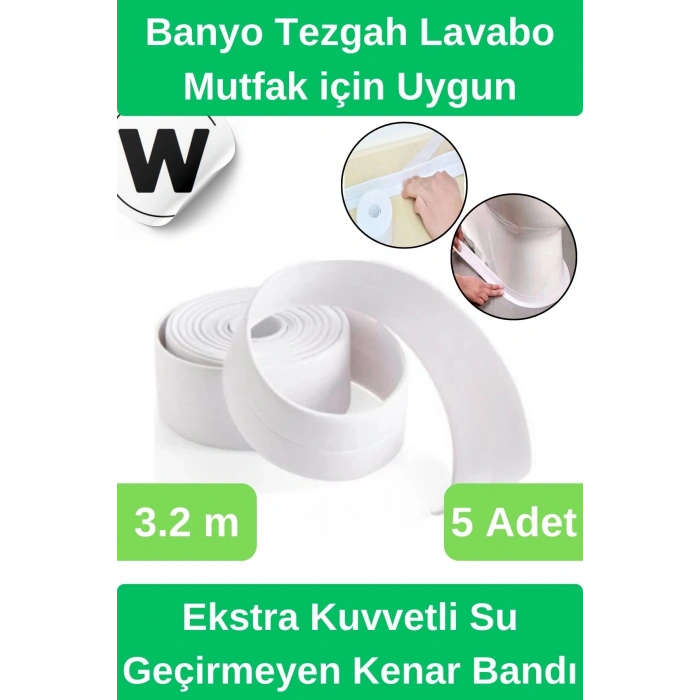 Deluxe Su Geçirmez Önleyici Yalıtım Küf Mutfak Banyo Lavabo Beyaz Kenar Şerit Bant 3.2m 5 adet