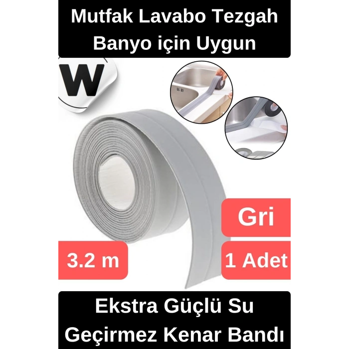 Premium Su Geçirmez Sızdırmaz Yalıtım Küf Banyo Mutfak Lavabo Gri Kenar Şerit Bant 3.2m 1 adet