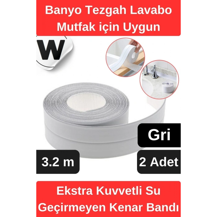 Premium Su Geçirmez Önleyici Yalıtım Küf Banyo Mutfak Lavabo Gri Kenar Şerit Bant 3.2m 2 adet