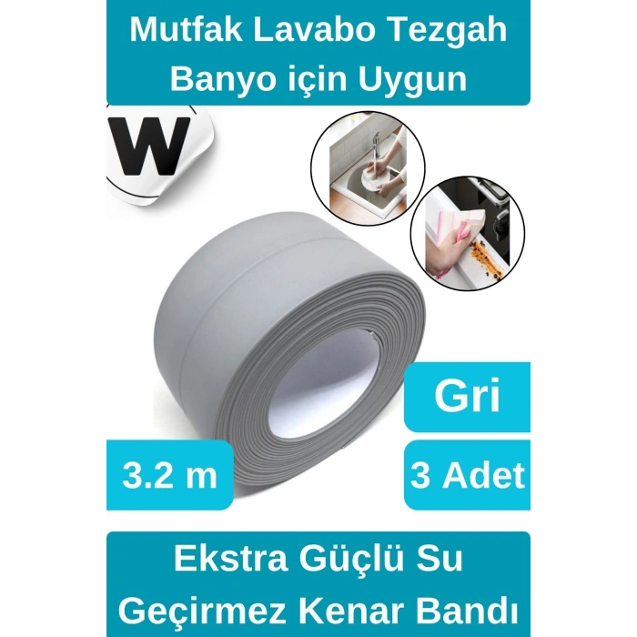 Premium Su Geçirmez Sızdırmaz Küf Yalıtım Banyo Mutfak Lavabo Gri Kenar Şerit Bant 3.2m 3 adet