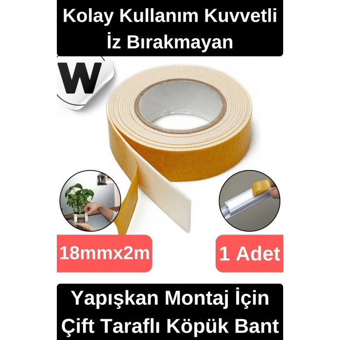 Kolay Kullanım İz Bırakmayan Su Sızdırmaz Yapışkan Montaj İçin Çift Taraflı Köpük Bant 2 mt 1 adet