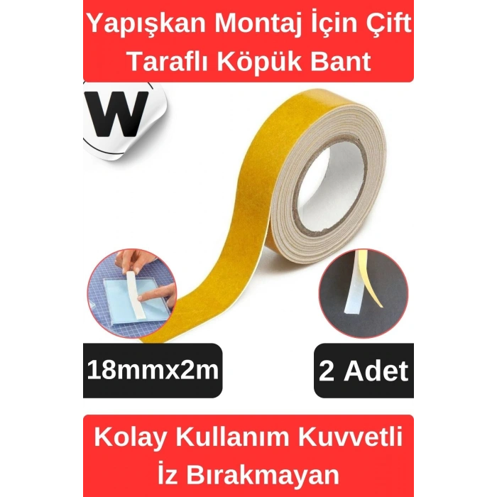 Premium İz Bırakmayan Su Sızdırmaz Yapışkan Montaj İçin Çift Taraflı Köpük Bant 2 mt 2 adet