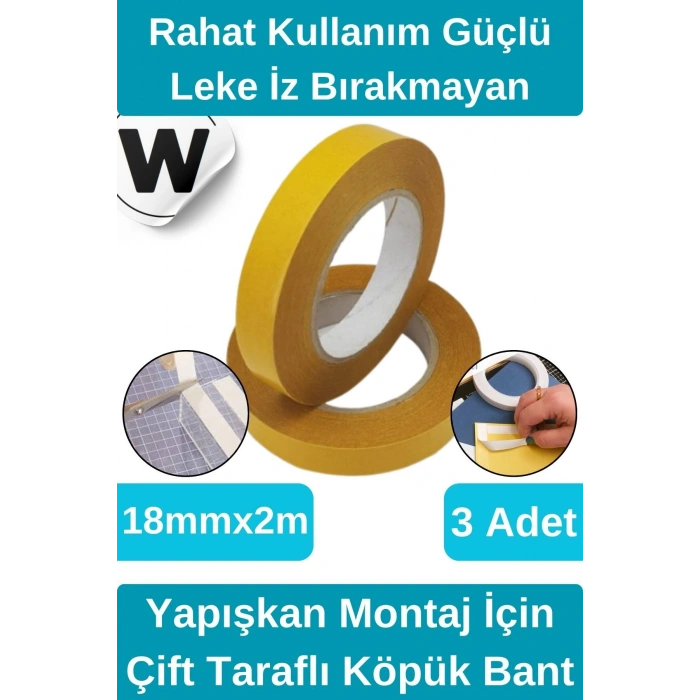 Kolay Kullanım İz Bırakmayan Su Sızdırmaz Yapışkan Montaj İçin Çift Taraflı Köpük Bant 2 mt 3 adet