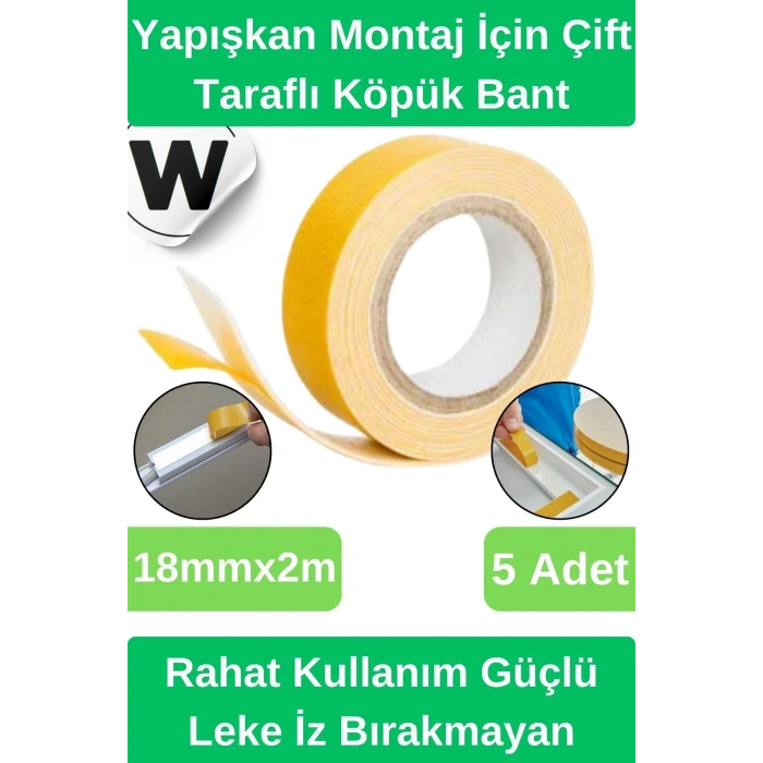 Premium İz Bırakmayan Su Sızdırmaz Yapışkan Montaj İçin Çift Taraflı Köpük Bant 2 mt 5 adet