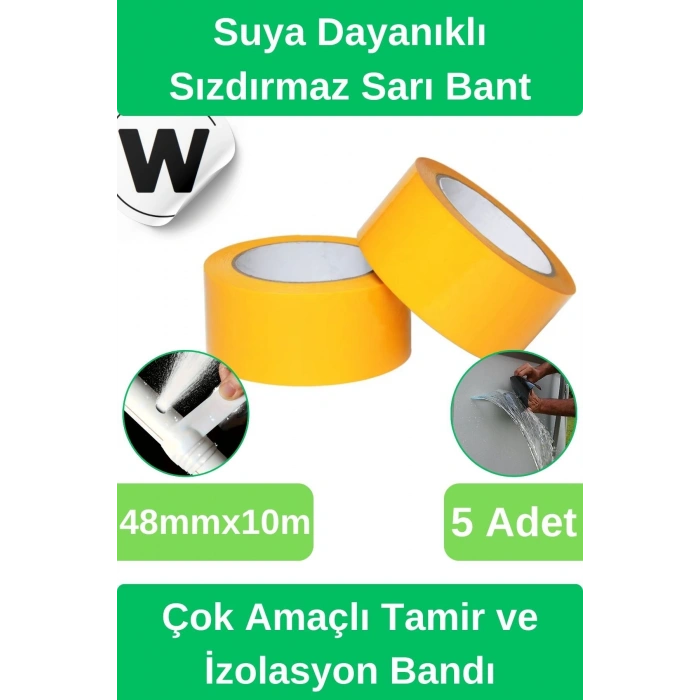 Sızdırmaz Suya Dayanıklı Sarı Renk Çok Amaçlı İzolasyon ve Tamir Bandı 10m 5 Adet