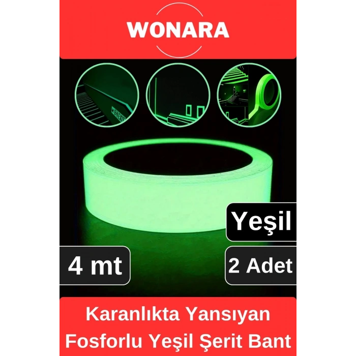 Premium Karanlıkta Yansıyan Yapışkanlı Işık Veren Fosforlu (Fotolümen) Yeşil Şerit Bant 4 mt 2 Adet