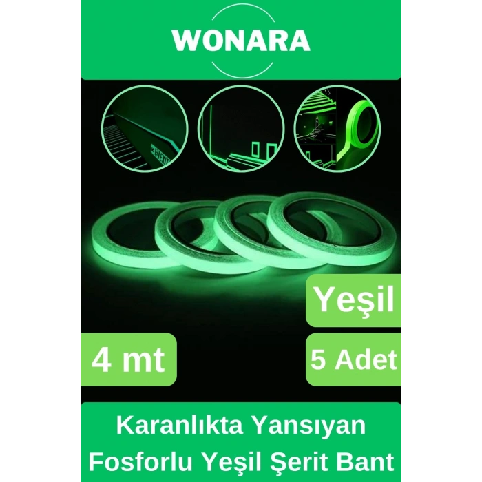 Premium Karanlıkta Yansıyan Yapışkanlı Işık Veren Fosforlu (Fotolümen) Yeşil Şerit Bant 4 mt 5 Adet