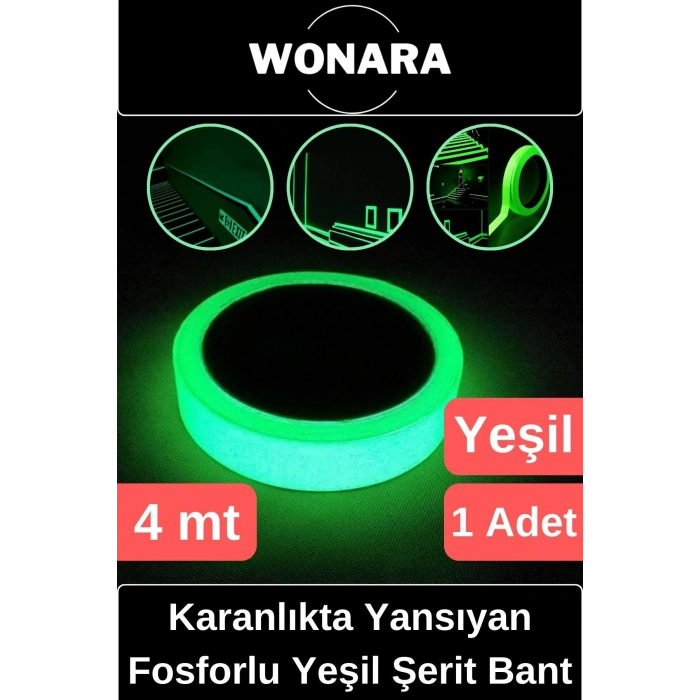 Premium Yapışkanlı Karanlıkta Yansıyan Işık Veren Fosforlu (Fotolümen) Yeşil Şerit Bant 4 mt 1 Adet