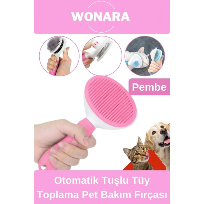 Özel Üretim Otomatik Tuşlu Tüy Toplama Tarağı Kedi Köpek İçin Kolay Temizlenen Pet Bakım Fırçası