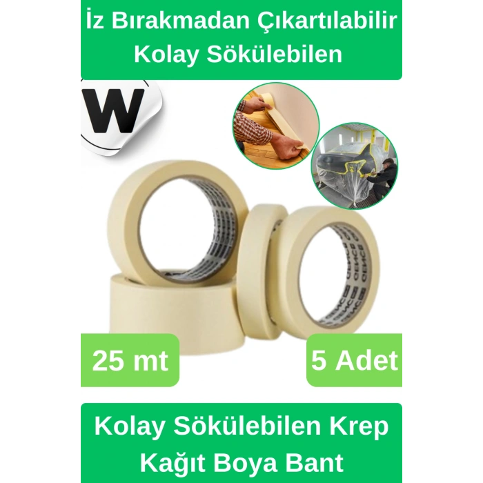 #KrepKağıt Isıya Dayanıklı İz Bırakmadan Çıkartılabilir Kolay Sökülebilen Maskeleme Boya Bant 5 Adet