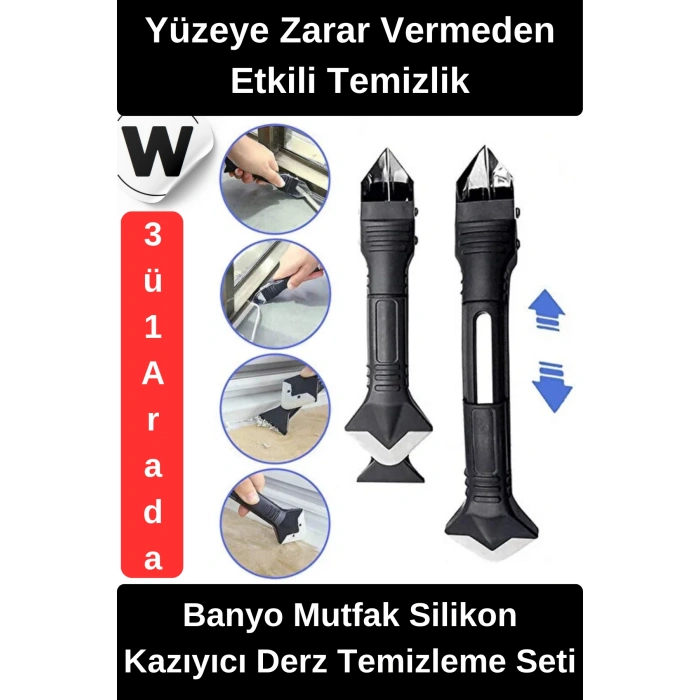 #SilikonKazıyıcı Banyo Mutfak Silikon Kazıyıcı Derz Temizleme Seti Çok Fonksiyonlu Fayans Köşe Kenar Uygulama Aparatı Tutkal Sökücü Ergonomik Başlıklı Profesyonel Tamir Ekipmanı 3ü1 Arada