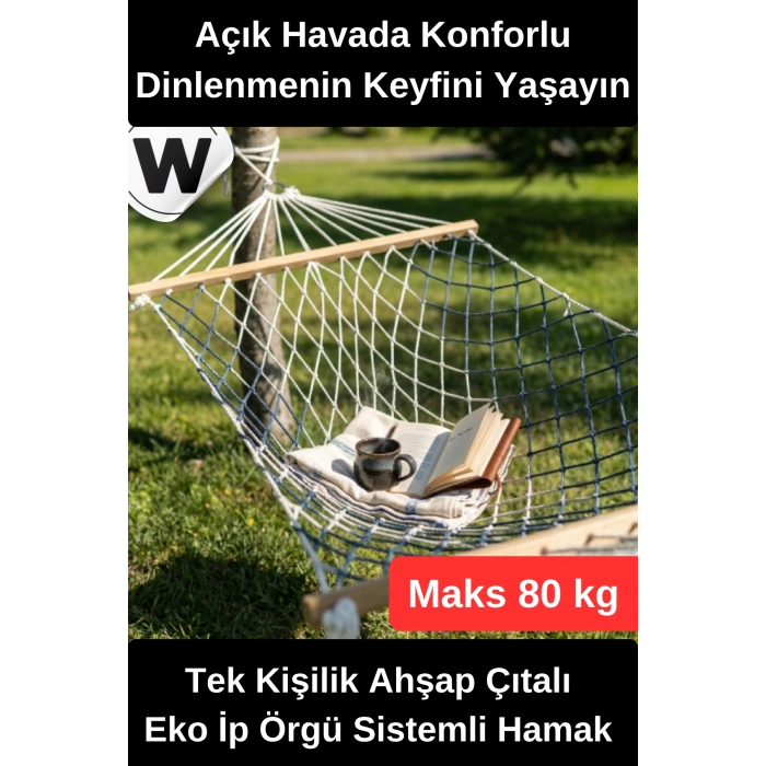 #Hamak Tek Kişilik Hamak Ahşap Çıtalı Dayanıklı Eko İp Örgü Sistemli Bahçe Balkon Kamp Piknik Taşınabilir Konforlu Dinlenme Salıncağı Kolay Kurulumlu Outdoor Hamak 80Kg