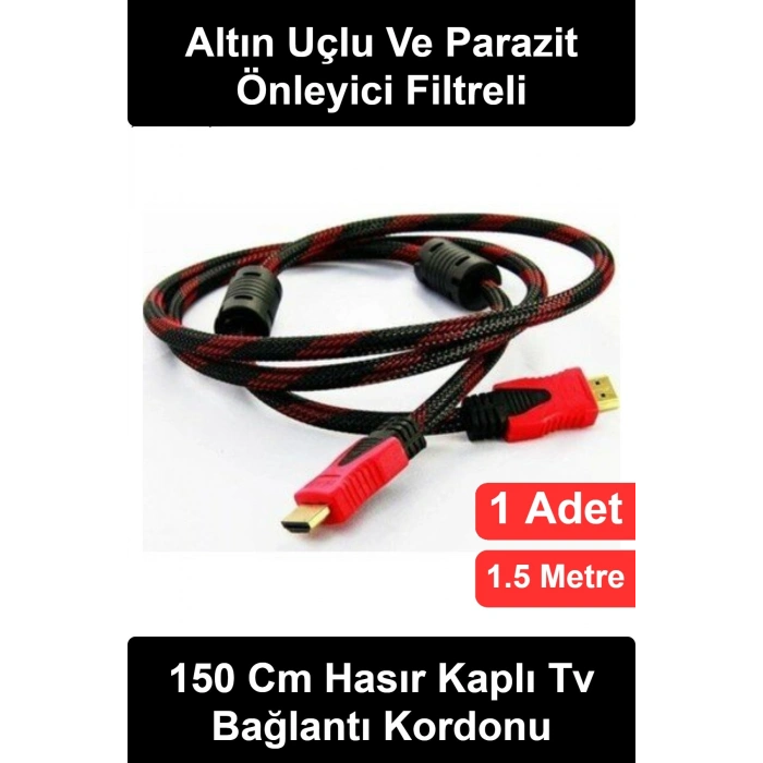 #HDMI 1.5 Metre HDMI Kablo Örgülü İpli Altın Uçlu Sinyal Filtreli Görüntü Ses Aktarımı Televizyon Monitör Bilgisayar Oyun Konsolu Medya Oynatıcı Uyumlu Kırmızı Siyah Esnek Dayanıklı Parazit Önleyici