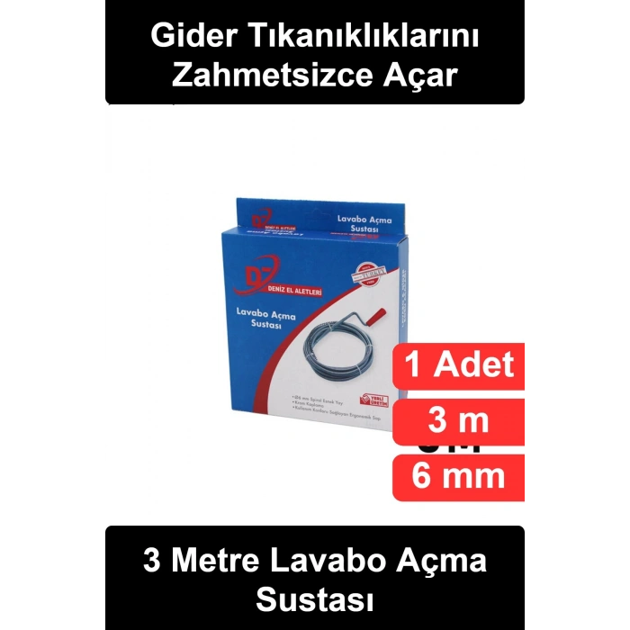 #LavaboAçmaSustası 3 Metre Lavabo Açma Sustası 6 mm Spiral Esnek Yay Krom Kaplama Çelik Tesisat Teli Ergonomik Saplı Pratik Gider Borusu Evye Küvet Tıkanıklık Açıcı Banyo Mutfak Yerli Üretim