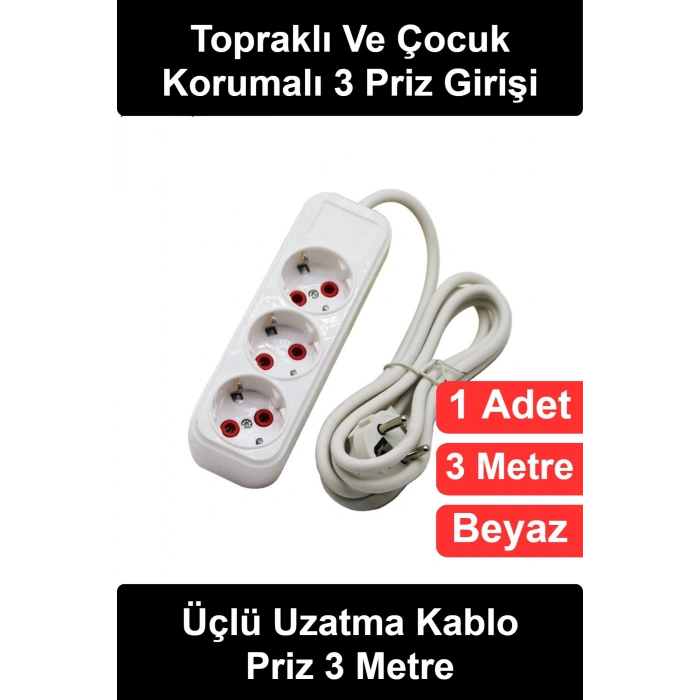 #UzatmaKablosu Üçlü Uzatma Kablo Priz 3 Metre Beyaz Topraklı Seyyar Grup Çocuk Korumalı Güvenli Bakır İletken PVC Kaplı Esnek Kompakt Ev Ofis Çalışma Masası Elektrik Çoğaltıcı Dayanıklı Gövde