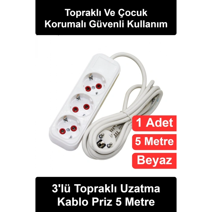 #UzatmaKablosu 3lü Topraklı Uzatma Kablo Priz 5 Metre Çocuk Korumalı Beyaz Seyyar Grup Çoklu Soket Ev Ofis Masa Tipi Elektrik Çoğaltıcı PVC Kaplı Bakır İletkenli Dayanıklı Plastik Gövde Kompakt