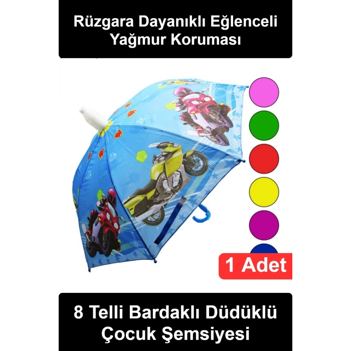 #ÇocukŞemsiyesi Çocuk Şemsiyesi Bardaklı Düdüklü 8 Telli Rüzgara Dayanıklı Okul İçin Kız Erkek Yağmur Şemsiye Karışık Renkli Desenli Ergonomik Saplı Hafif Su İtici Kumaş Çelik İskelet Günlük Kullanım