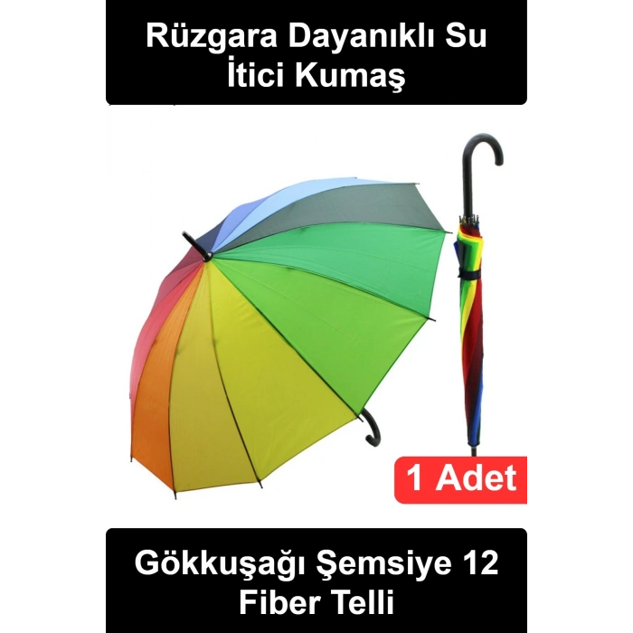 #GökkuşağıŞemsiye Rengarenk Gökkuşağı Şemsiye 12 Fiber Telli Siyah Baston Saplı Rüzgara Dayanıklı Su İtici Kumaş Geniş Koruma Alanlı Şık Neşeli Günlük Kullanım Ergonomik Tutuşlu Hediyelik Klasik Model