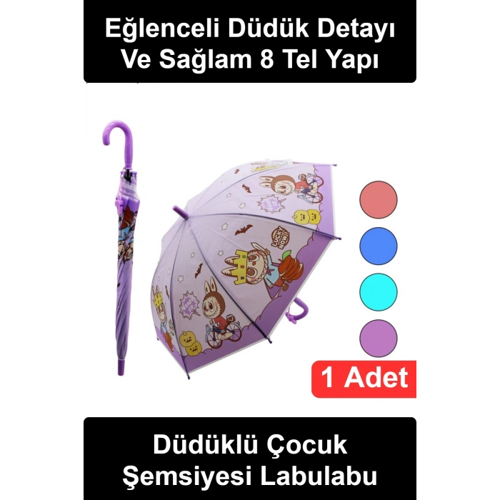 #ÇocukŞemsiyesi Düdüklü Çocuk Şemsiyesi Labulabu Karakter Tasarımlı 8 Telli Rüzgara Dayanıklı Kız Erkek Uniseks Okul Yürüyüş Yağmur Koruması Eğlenceli Renkli Sevimli Baston Saplı Hediyelik Model