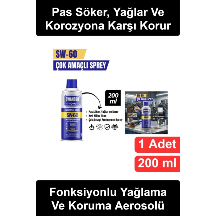 #SW-60 Çok Amaçlı Yağlayıcı Sprey 200 ml Pas Sökücü Çözücü Korozyon Önleyici Temizleyici Bisiklet Zincir Yağı Kilit Cıvata Vida Metal Aksam Bakım Endüstriyel Profesyonel Atölye Mekanizma Otomotiv